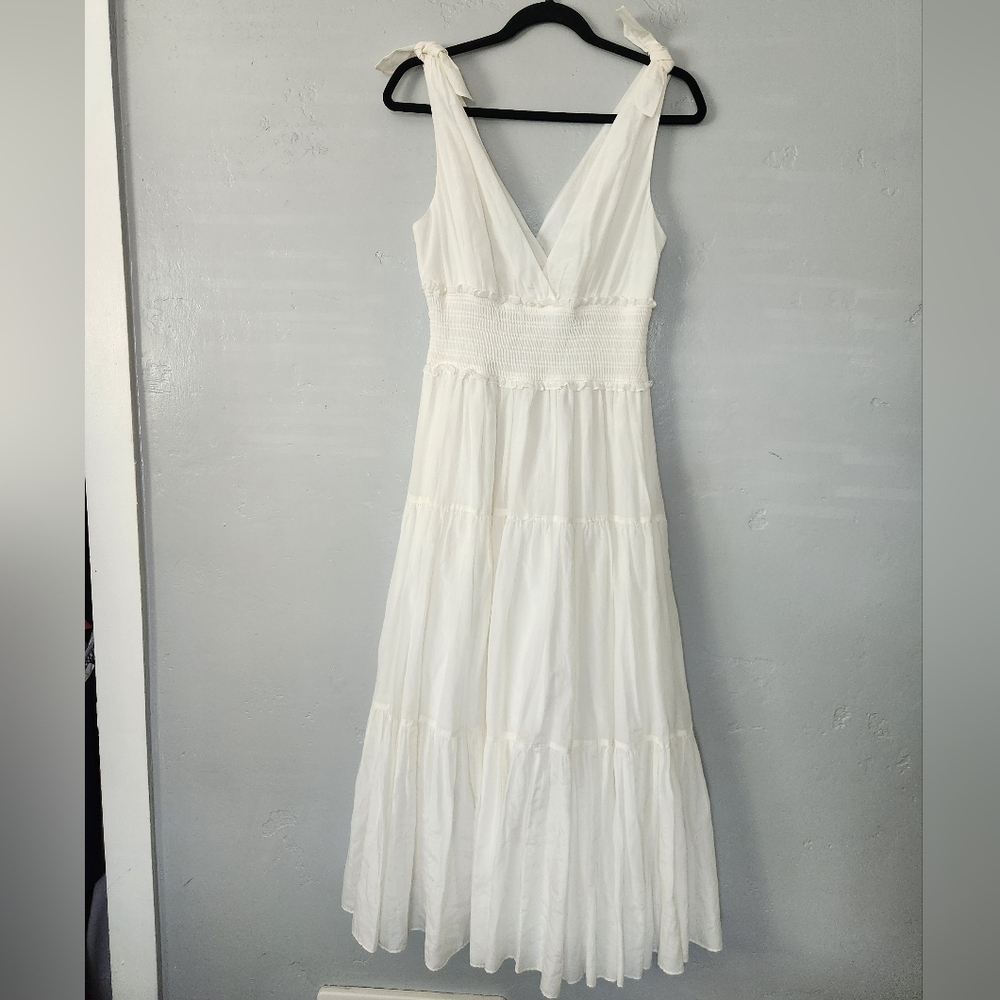 Cinq à Sept Tamar Tie Strap Smocked Calf Length Ruffled Dress Sz 2 - Picture 3 of 10